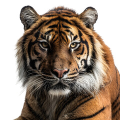 Obraz premium Head-on view of a tiger sitting upright with intense stare and dramatic shadowing and isolated white background Batch realistic clean bright simple modern stock image isolated on plain background f