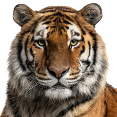 Fototapeta premium Head-on view of a tiger sitting upright with intense stare and dramatic shadowing and isolated white background Batch realistic clean bright simple modern stock image isolated on plain background f