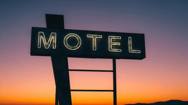 Glowing motel sign at dusk evokes a sense of nostalgia and vintage travel charm with retro