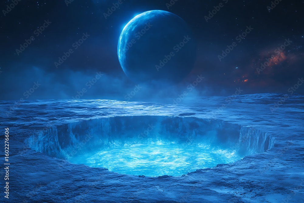 Poster • mysterious shadow form stands in a luminous pit beneath a floating blue planet