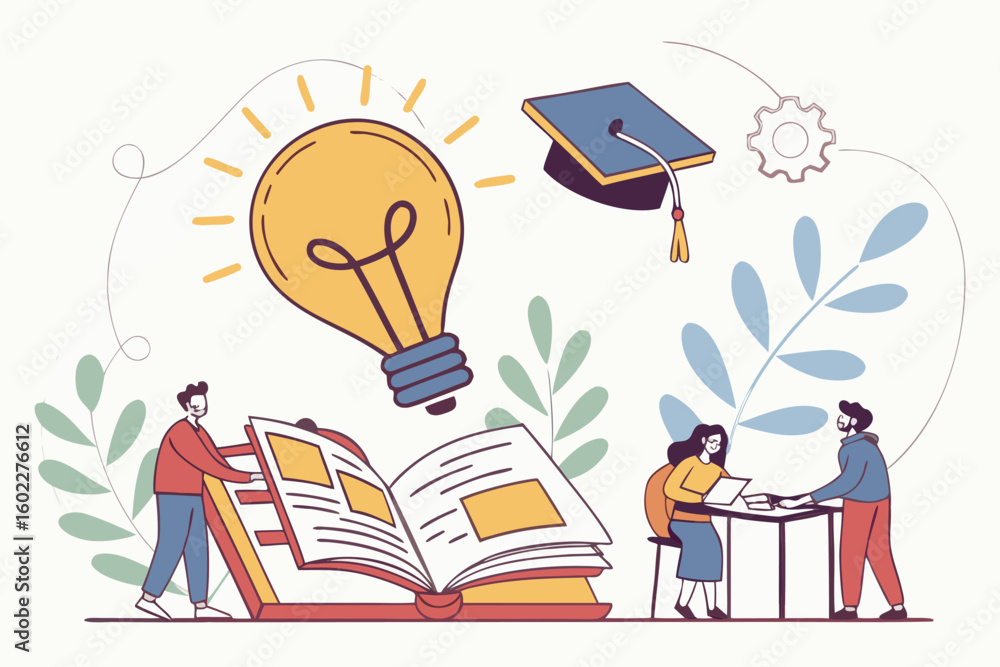Poster creative learning environment showcasing students engaging with books and ideas in a collaborative s