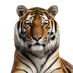 Obraz premium Head-on view of a tiger sitting upright with intense stare and dramatic shadowing and isolated white background Batch realistic clean bright simple modern stock image isolated on plain background f