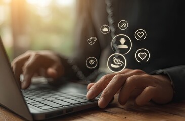 Person using laptop, surrounded by social media icons