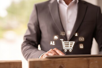 Businessman using tablet with shopping cart graphic overlay