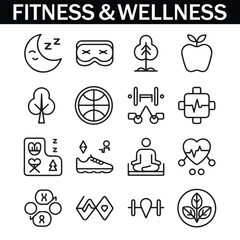 Healthy Lifestyle Vector Icon Set with Adjustable Line Weight Featuring Fitness, Nutrition, Exercise, Wellness, Sleep, Yoga, Meditation, Heart Rate, Gym, Hiking, Cycling, Sports, and Health Monitoring
