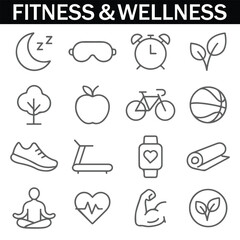 Healthy Lifestyle Vector Icon Set with Adjustable Line Weight Featuring Fitness, Nutrition, Exercise, Wellness, Sleep, Yoga, Meditation, Heart Rate, Gym, Hiking, Cycling, Sports, and Health Monitoring