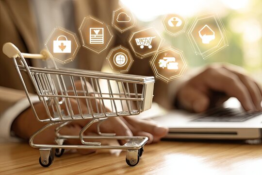 Shopping cart and laptop, digital icons overlay