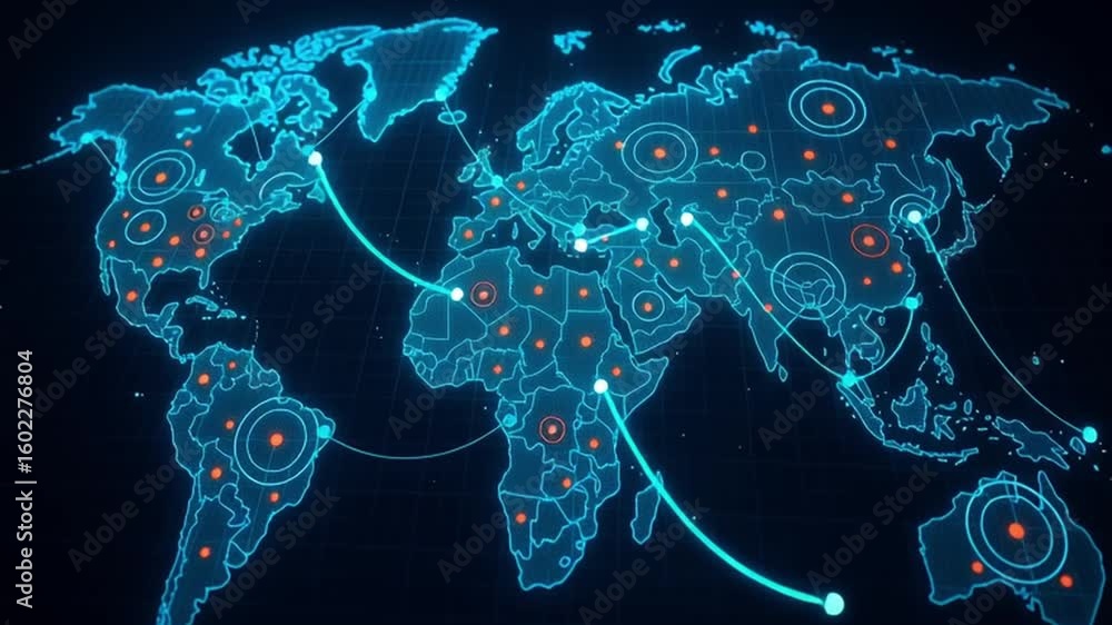 Poster hologram world map glowing blue lines red points illustrating global connections geopolitical influe