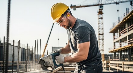construction worker using angle grinder on a construction site