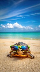 turtle laying on colorful sunglasses