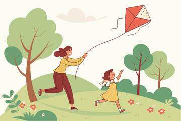 Playful afternoon of a mother and daughter flying a kite in a vibrant green park filled with trees and flowers during a sunny day