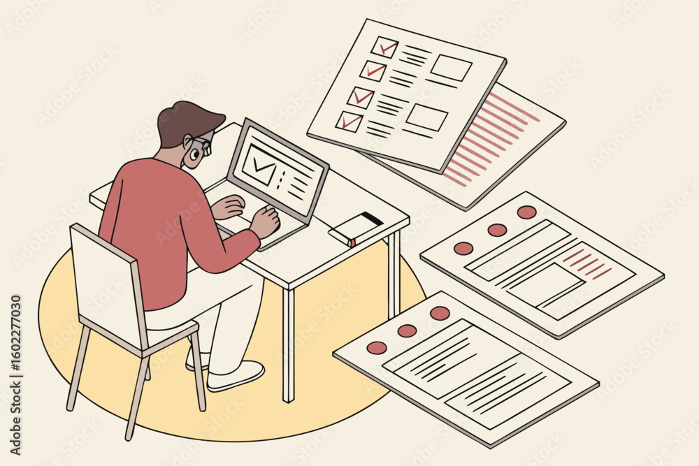 Poster individual working at a desk on a laptop while reviewing documents with checklists and forms display