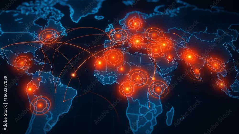 Poster hologram glowing map with bright red points highlights global connections and geopolitic tensions ac