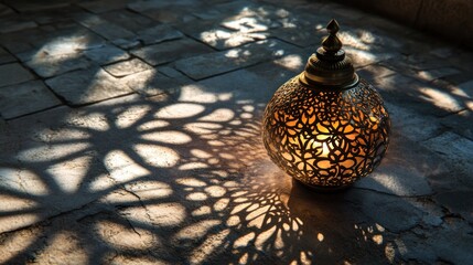 Ornate lantern casts intricate shadows on stone floor