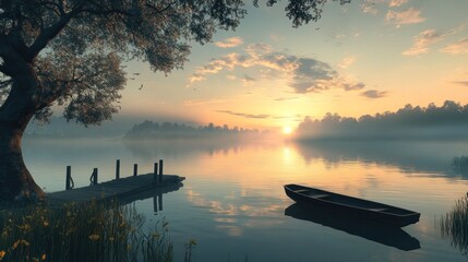 Misty sunrise over tranquil lake with dock and boat