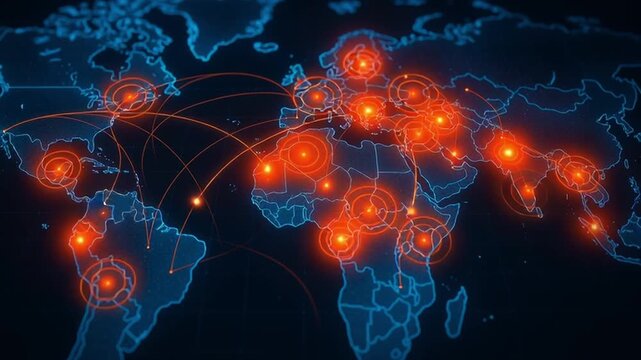 Hologram glowing map with bright red points highlights global connections and geopolitic tensions across continents futuristic digital network visualization showing complex geopolitical networks - Powered by Adobe