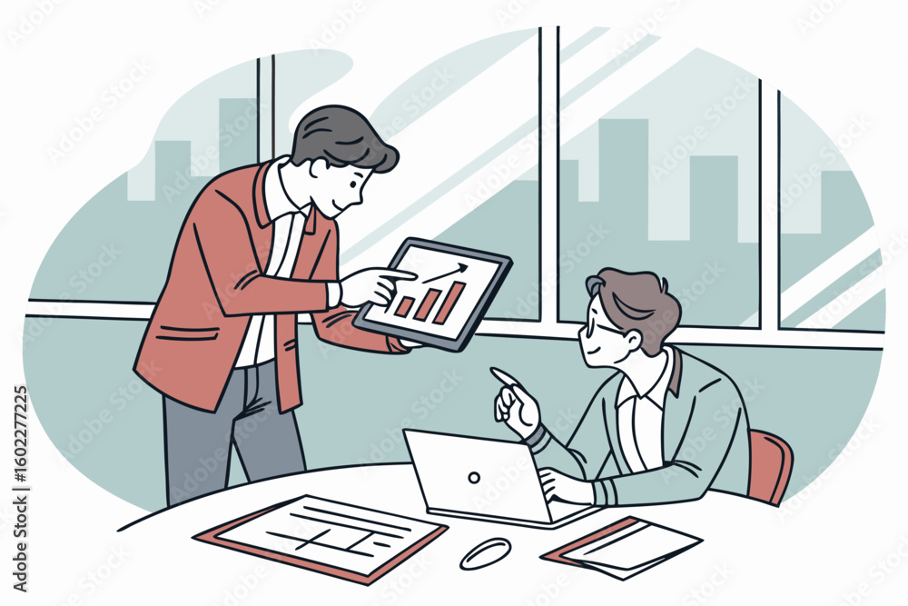 Poster team members discuss business strategies and performance metrics in a modern office setting during a