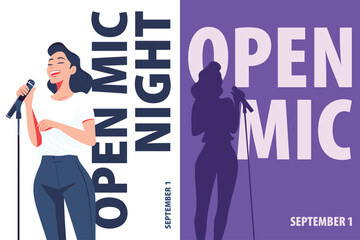 Open Mic event poster pack. Vector illustrations with female silhouette with microphone for placard, social media, event announcement, brochure in minimalist style