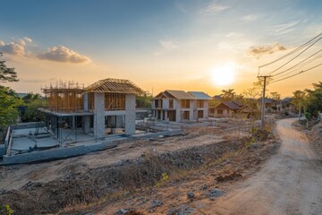A row of houses under construction with a dirt road leading towards them, with a sunset in the background.