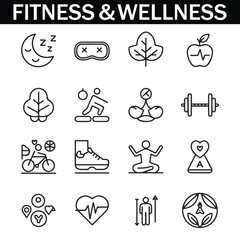 Healthy Lifestyle Vector Icon Set with Adjustable Line Weight Featuring Fitness, Nutrition, Exercise, Wellness, Sleep, Yoga, Meditation, Heart Rate, Gym, Hiking, Cycling, Sports, and Health Monitoring