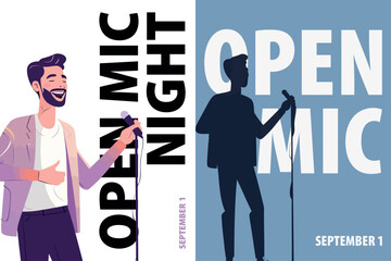Open Mic event poster pack. Vector illustrations with male silhouette with microphone for placard, social media, event announcement, brochure in minimalist style