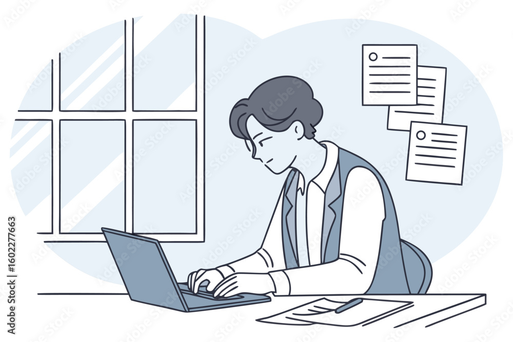 Poster person using a laptop at a desk in a well-lit room, engaged in work with documents and a window view