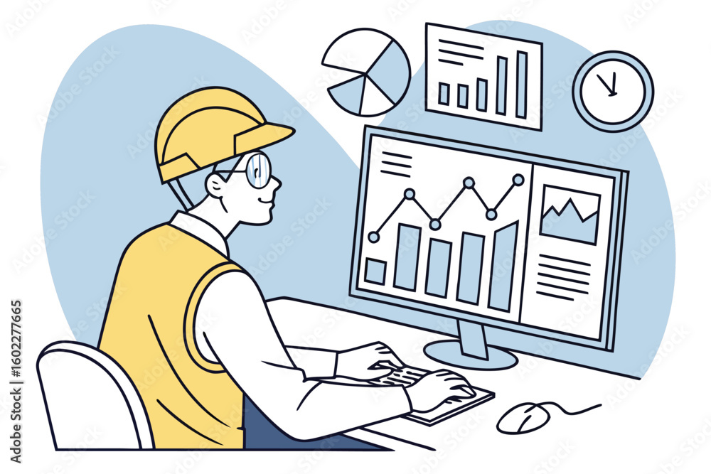 Poster construction worker analyzing project data on computer while seated at desk in office during working