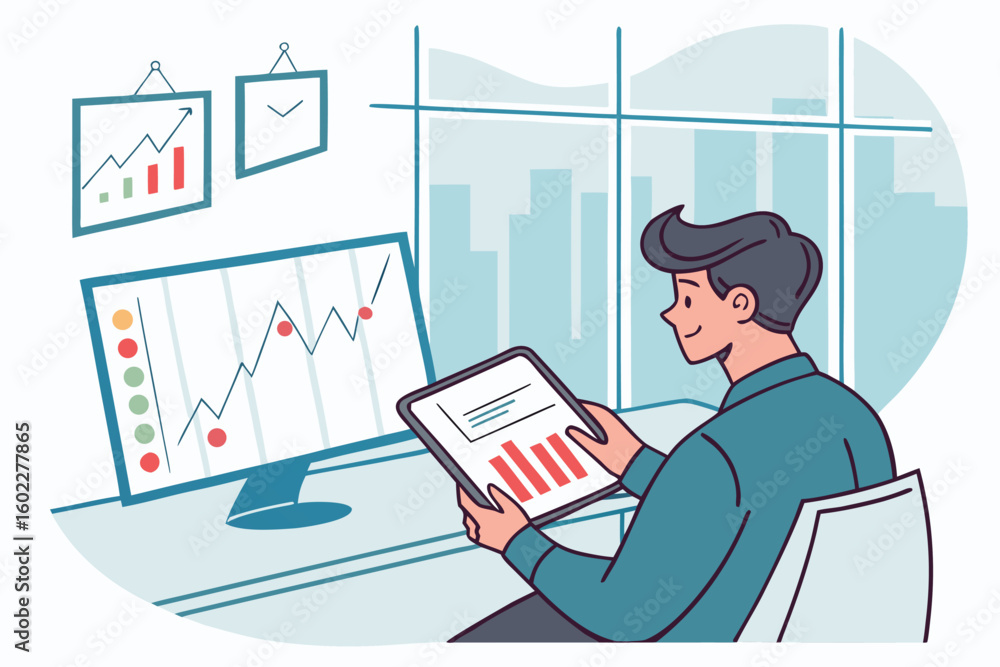 Aufkleber professional analyzing market trends on a tablet while seated at a desk with a large monitor display