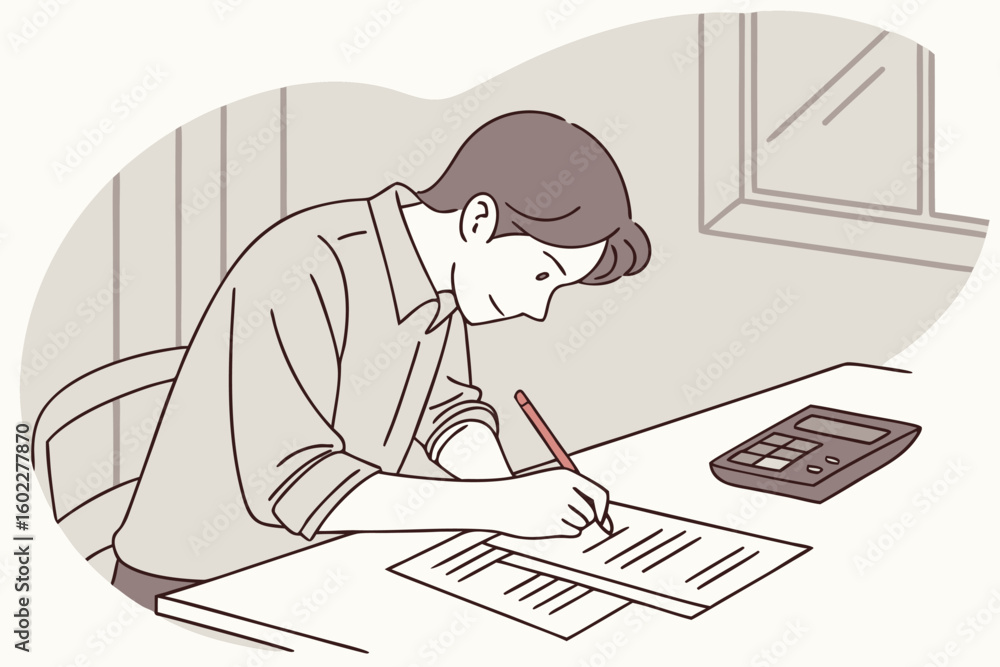 Poster individual engaged in paperwork while studying financial documents at a desk with a calculator in a 
