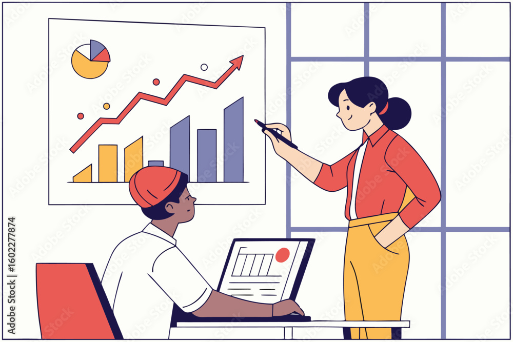 Poster business meeting between two professionals discussing growth strategies and analyzing data in a mode