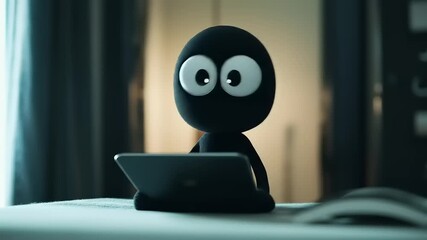 A playful black character working on a laptop in a cozy room with soft lighting and books