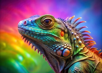 Fototapeta premium Colorful reptile with iridescent scales and intricate patterns on a digital gradient background