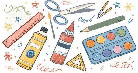 Crayon Drawing of Art Supplies Childlike Scribble Style Creative Tools Illustration.