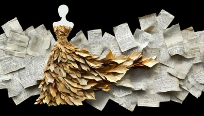 An artistic and imaginative illustration of a woman in a gown resembling golden autumn leaves, surrounded by an atmosphere of aged, crinkled paper with intricate handwritten letter