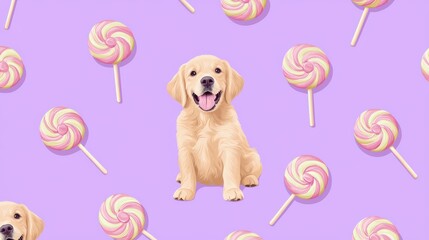 A whimsical seamless pattern of playful golden retrievers and colorful lollipops, placed artistically on a rich lavender-purple backdrop.