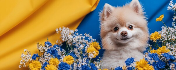 Electric blue cow print background with a fluffy Pomeranian sitting in a bed of wildflowers, bringing a pop of contrast and charm.