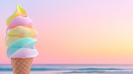 Dreamy ice cream cones with rainbow-colored swirls, presented against a minimalistic, soft gradient beach background.