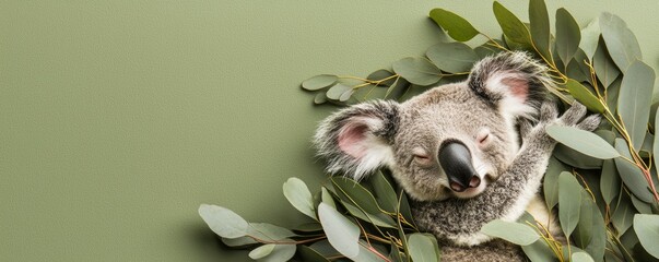 Earthy olive green cow print backdrop featuring a sleepy koala nestled among eucalyptus branches, creating a cozy and natural vibe.