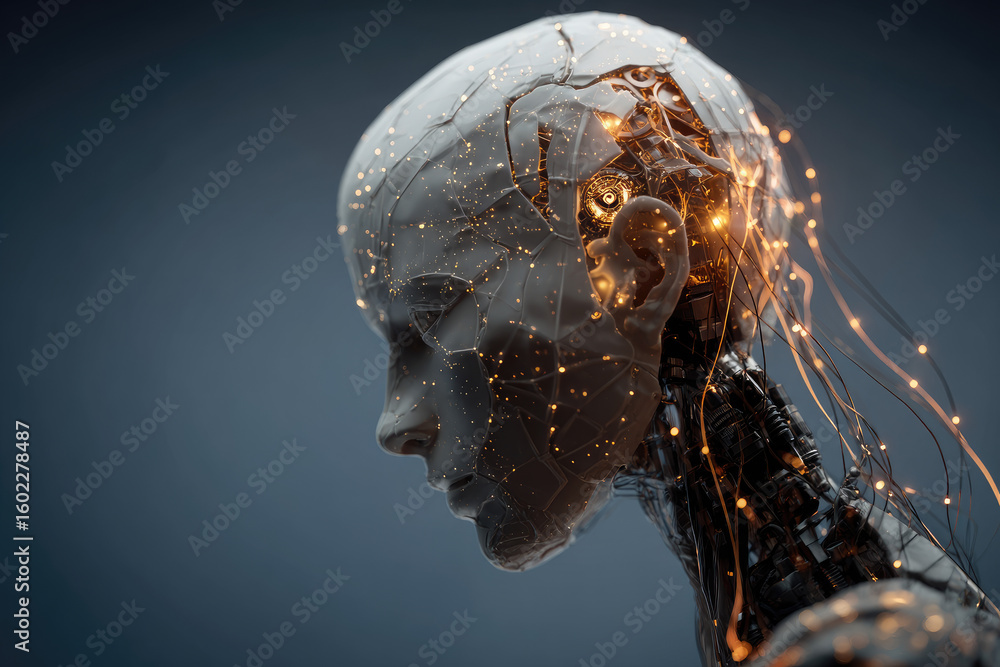 Aufkleber ai or artificial intelligence in image humanoid face head in profile view. ai solves problem. bald h
