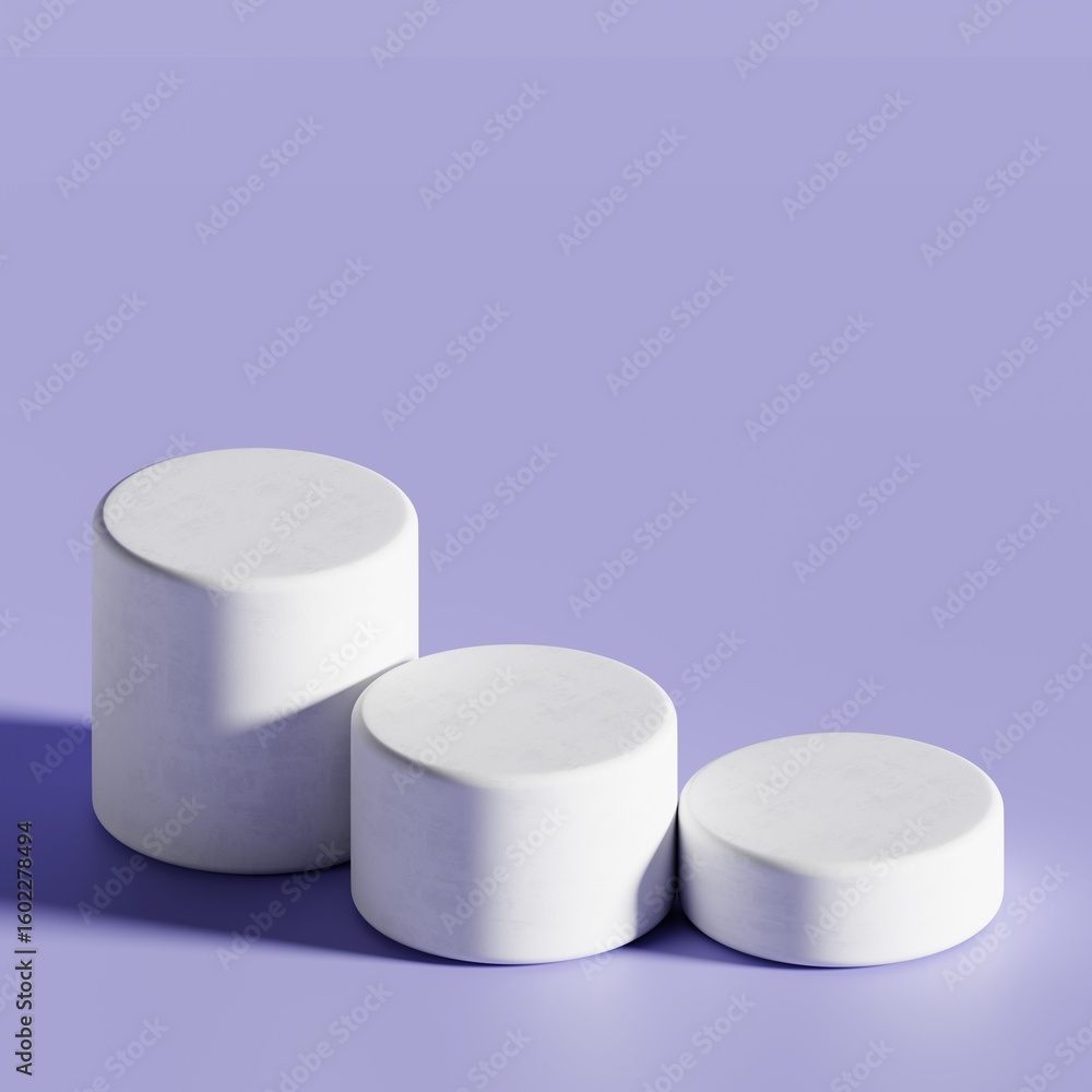 Poster minimalist white product display pedestals on lavender purple background with copy space. 3d renderi