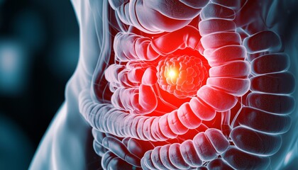 A hyper-realistic 3D medical visualization of the human digestive system, focusing on the colon and a highlighted tumor in red tones.
