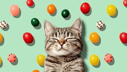 A whimsical and cute pattern of cheerful tabby cats and colorful jelly beans, seamlessly blended onto a mint-green background.