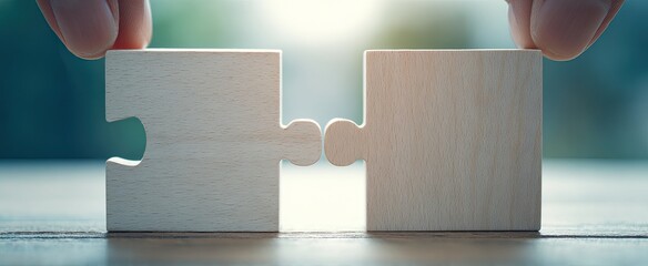 Two light-colored wooden puzzle pieces fitting together