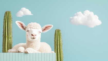Playful cow print background in pastel blue with a relaxed baby llama resting between two tall cacti, creating a modern farm aesthetic.