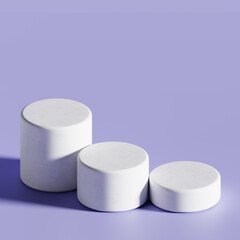 Minimalist White Product Display Pedestals on Lavender Purple Background with Copy Space. 3D Rendering