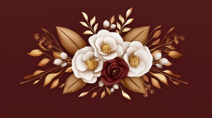 Sophisticated symmetrical floral ornament featuring blush pink and ivory flowers with delicate golden detailing, set against a rich wine-red background.