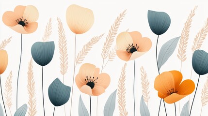 A delicate nature-inspired illustration of blooming wildflowers in muted blush, deep teal, and golden orange, harmonizing over a light wheat-colored background.