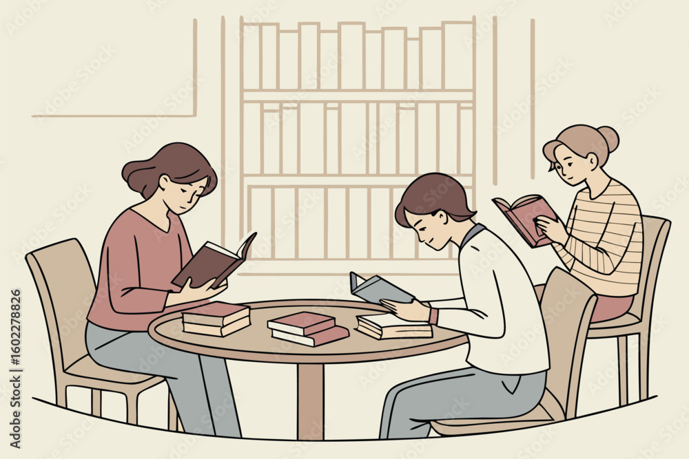 Poster three people reading books at a round table in a cozy library setting during the afternoon with a wa