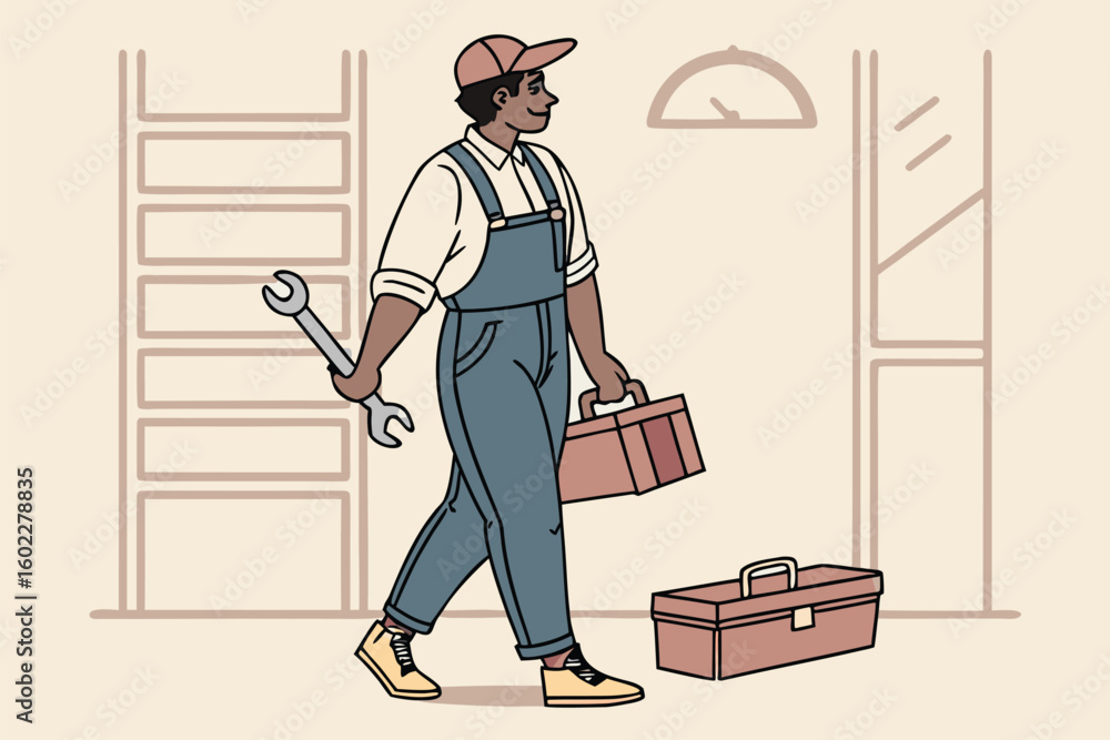 Poster friendly worker in overalls carrying tools and a wrench while walking through a well-lit workshop du