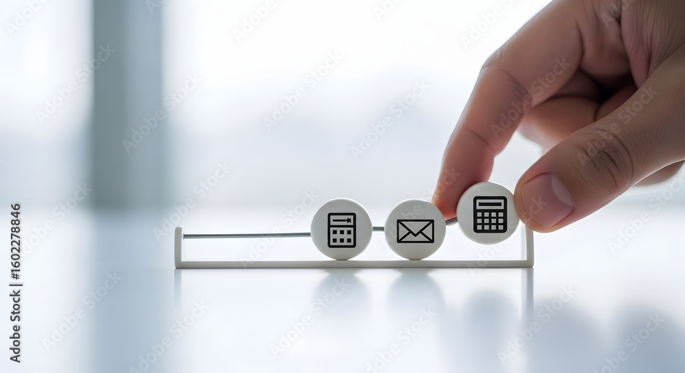 Poster business management concept with a hand arranging financial and communication icons on a workflow tr